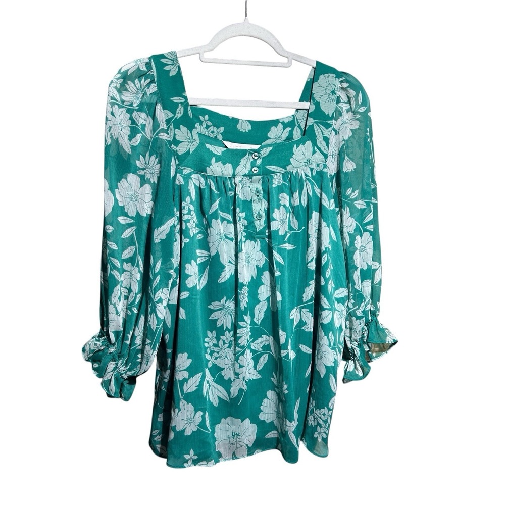 LC Lauren Conrad Henley Squareneck 3/4 Puff Sleeve Blouse floral  M Green